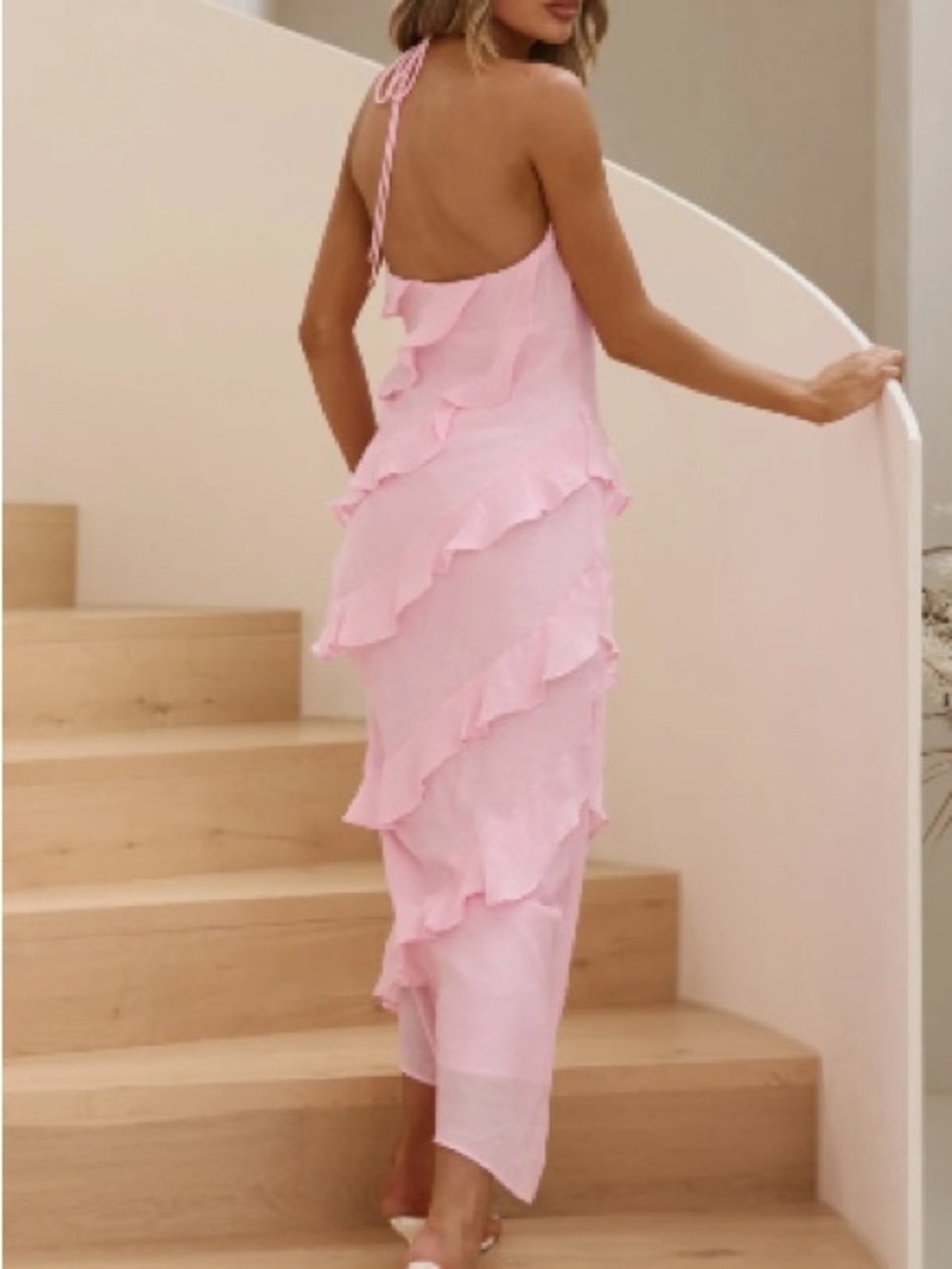 Backless Light Pink Ruffle Halter Maxi Dress
